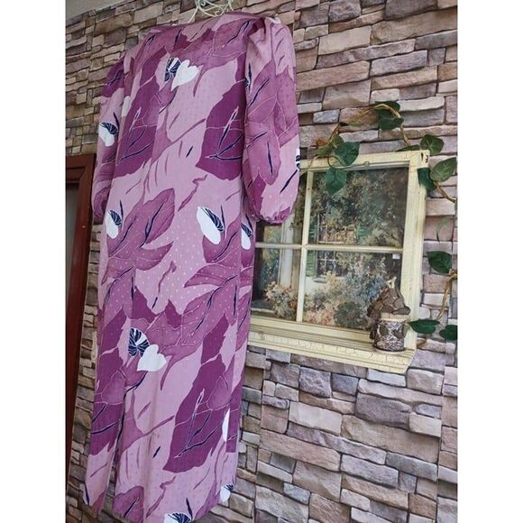 5/$25 Sz 12 80s Large Print Purple Floral Bandana Pleated Collar Dress - Picture 9 of 12